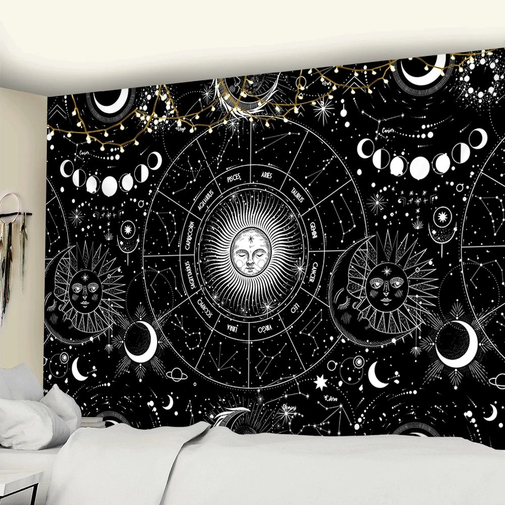 Celestial Zodiac Sun Moon Mandala Tapestry – Psychedelic Edition 🌙