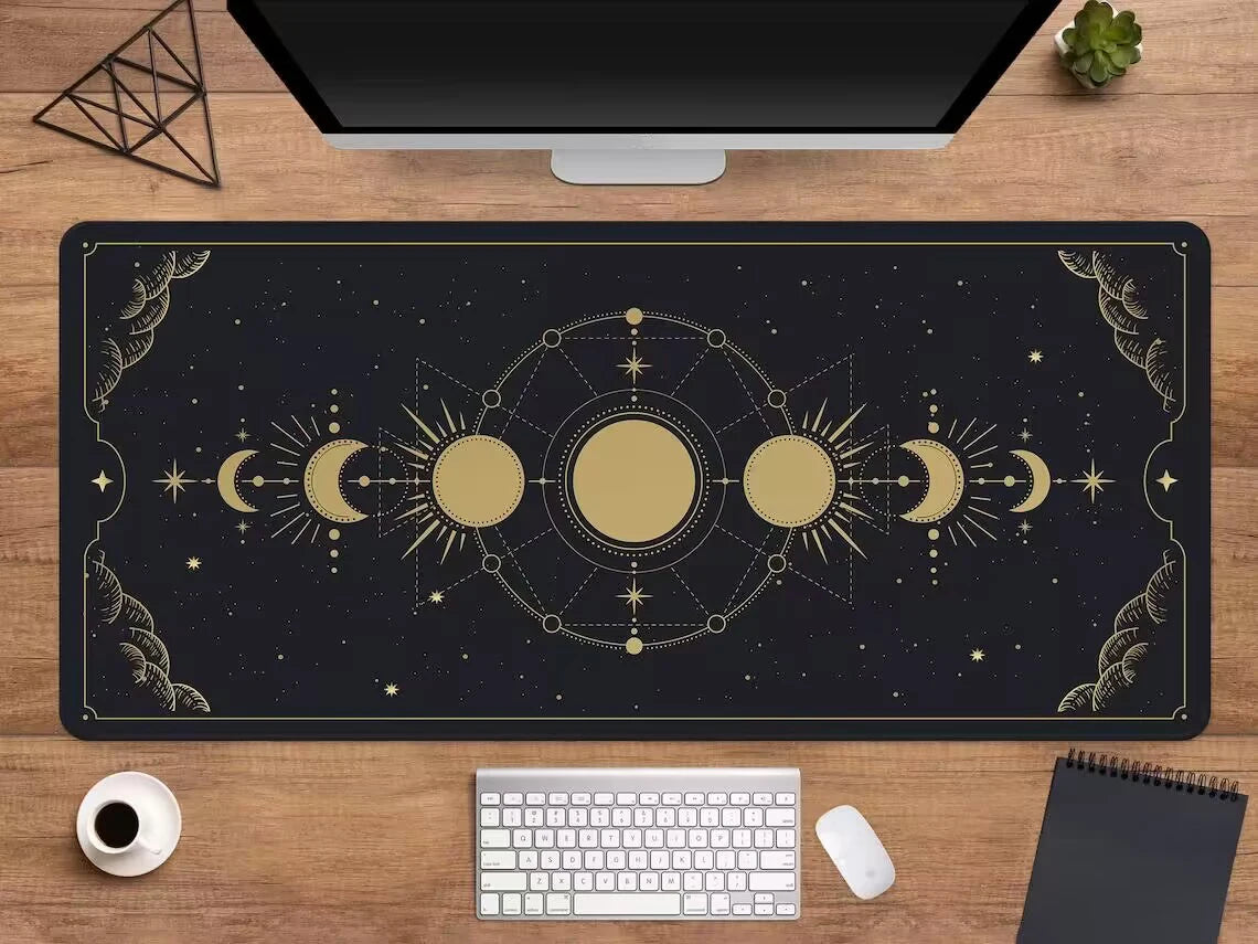 Moon Phases Desk Mat • Lunar Cycle & Starry Night with Extended Mouse Pad
